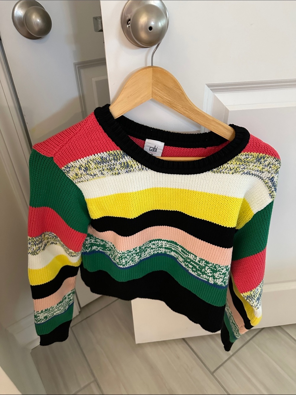 CAbi Multicolor Striped Crewneck Sweater — Green, Yellow, Pink, Black